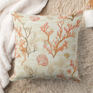 Vintage Ocean Shell Coral Starfish Beige Ivory Throw Pillow