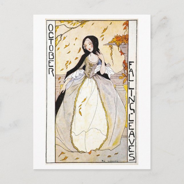 Vintage October Falling Leaves Postcard (Front)