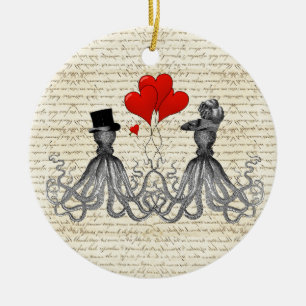 Vintage octopi and hearts ceramic ornament
