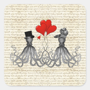 Vintage octopi and hearts square sticker