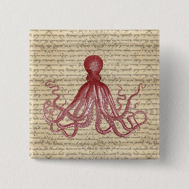 Vintage octopus 2 inch square button (Front)