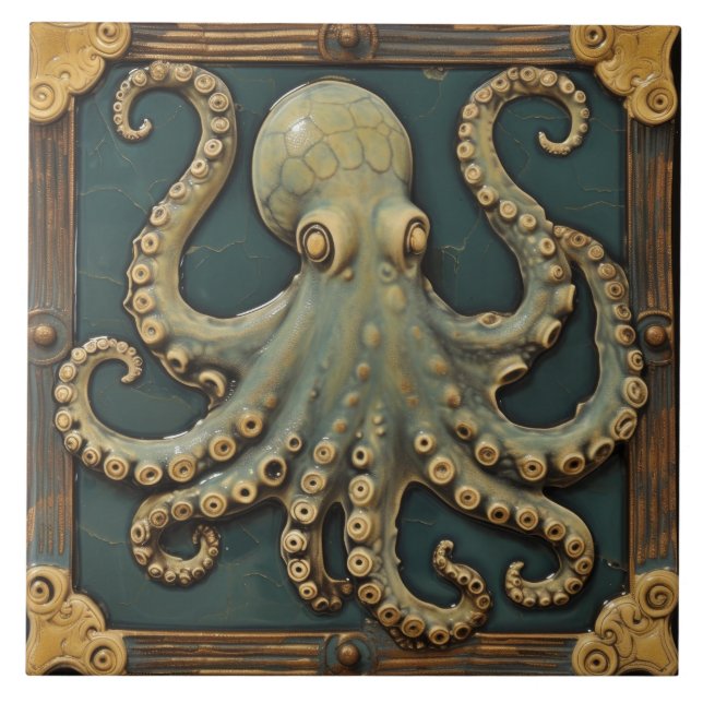 Vintage Octopus 3D Effect Nautical Aquatic Tile (Front)