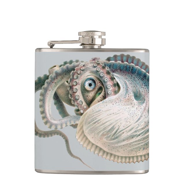 Vintage Octopus Argonaut, Marine Life Animals Hip Flask (Front)