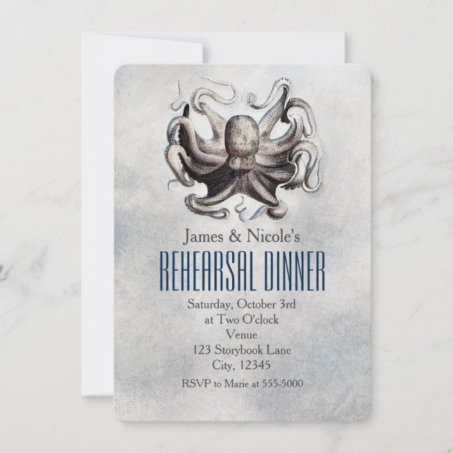 Vintage Octopus Beach Wedding Rehearsal Card (Front)