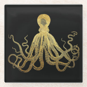 Vintage Octopus Gold Black Ink Coastal Nautical Glass Coaster