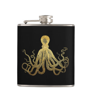 Vintage Octopus Gold Black Ink Coastal Nautical Hip Flask