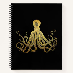 Vintage Octopus Gold Black Ink Coastal Nautical Notebook