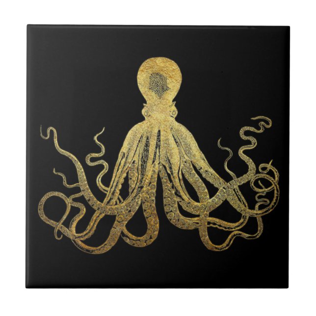 Vintage Octopus Gold Black Ink Coastal Nautical Tile (Front)