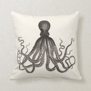 Vintage Octopus Illustration in Sepia Throw Pillow