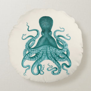 Vintage Octopus Illustration in Turquoise Round Pillow