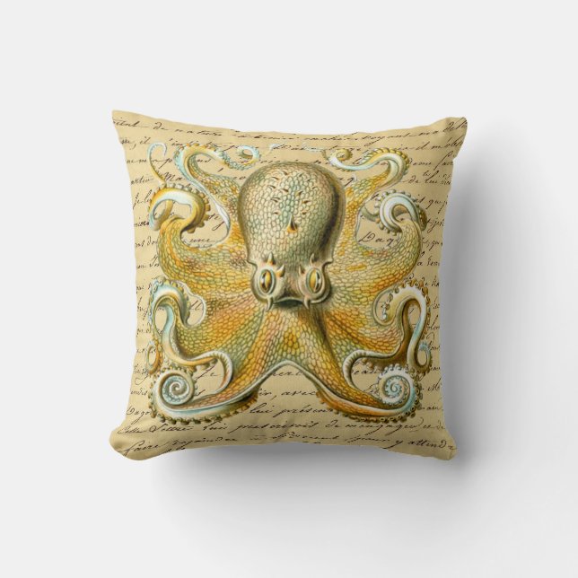 Vintage Octopus Illustration - Octopoda Vulgaris Throw Pillow (Front)