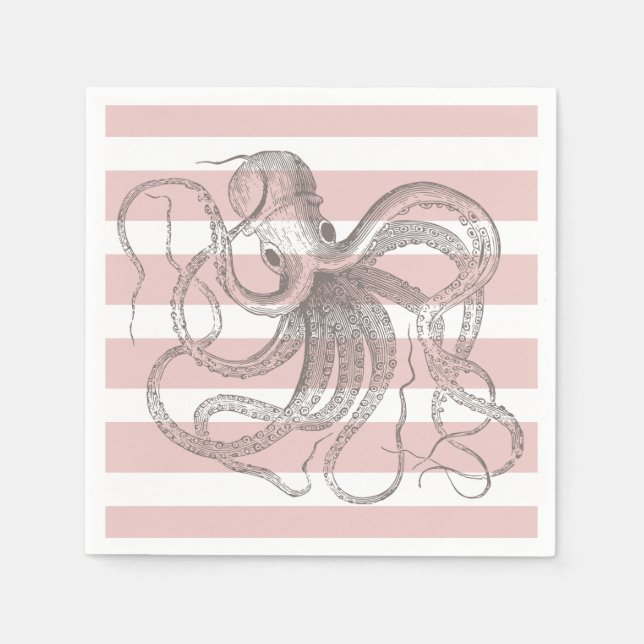 Vintage Octopus Nautical Pink Stripes Napkin (Front)