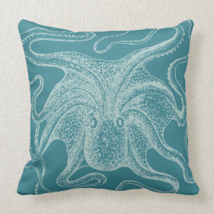 Vintage Octopus Nautical Teal Throw Pillow