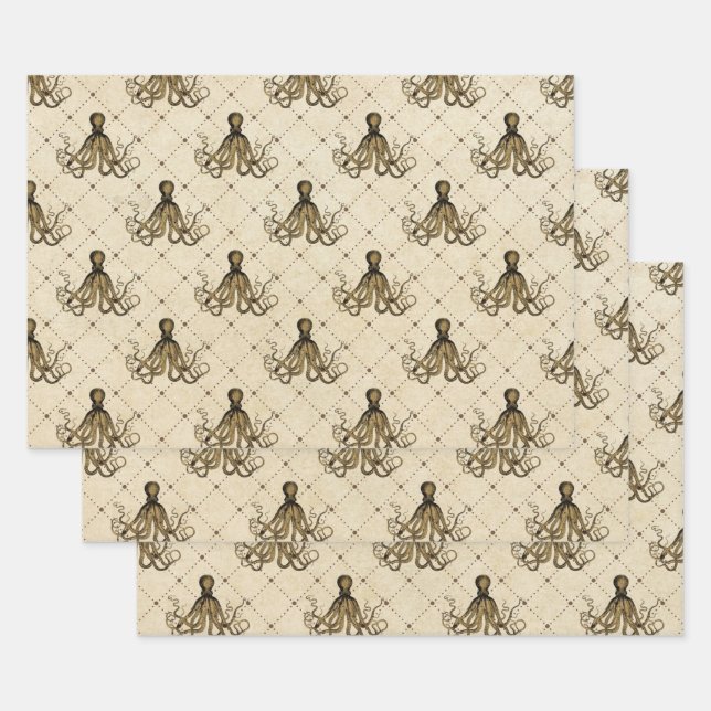 Vintage Octopus on Cream Wrapping Paper Sheet (Set)