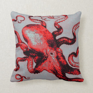 vintage octopus- red and grey throw pillow