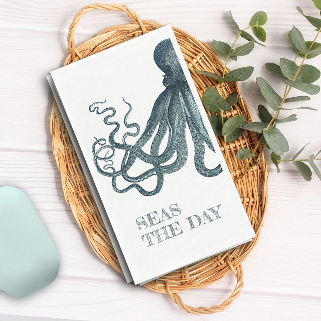 Vintage Octopus Seas the Day Funny Nautical Napkin (A fun hand towel with a nautical theme and "Seas the day" text.)