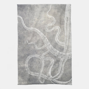 Vintage Octopus Silver Pewter Grey Watercolor Kitchen Towel