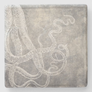 Vintage Octopus Silver Pewter Grey Watercolor Stone Coaster