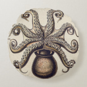 Vintage Octopus Squid by Ernst Haeckel Round Pillow