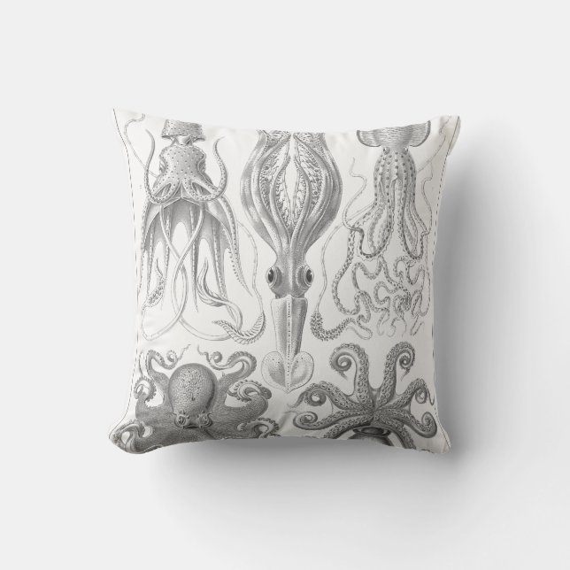Vintage Octopus, Squid Illustration Outdoor Pillow (Front)