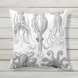 Vintage Octopus, Squid Illustration Outdoor Pillow
