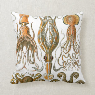 Vintage Octopus, Squid Illustration Throw Pillow