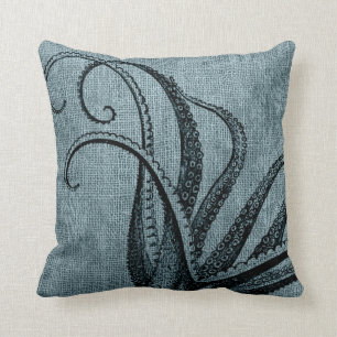 Vintage Octopus Tentacles Black Blue Grey Throw Pillow