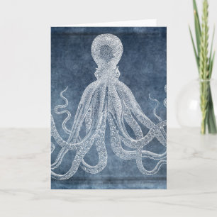Vintage Octopus Twilight Blue Denim Watercolor Card