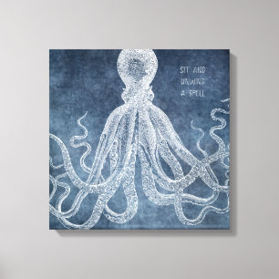 Vintage Octopus Twilight Blue Watercolor Quote Canvas Print