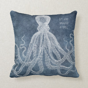 Vintage Octopus Twilight Blue Watercolor Quote Throw Pillow