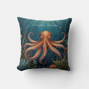 Vintage Octopus underwater ocean scene  Throw Pillow