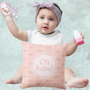 Vintage Oh Baby Peachy Floral Toile Bows  Throw Pillow