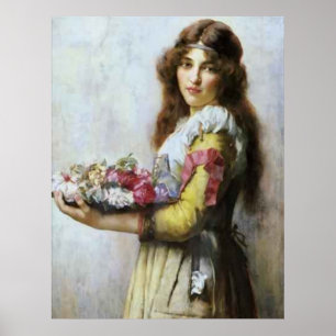 Vintage Oil painting of Young Lady with flowers. Poster