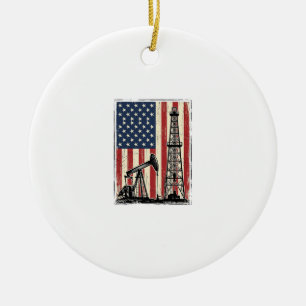 Vintage Oilfield American Flag Vector Shirt Design Ceramic Ornament