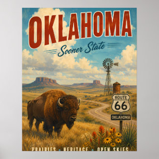 Vintage Oklahoma Travel Poster with Bison and Rout