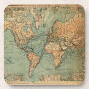 Vintage Old Antique World Map Lithograph Elegant Coaster