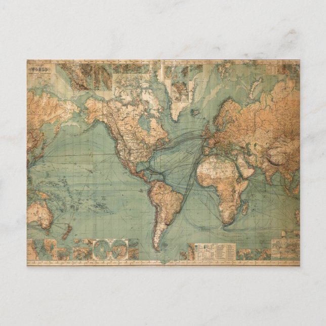 Vintage Old Antique World Map Postcard (Front)