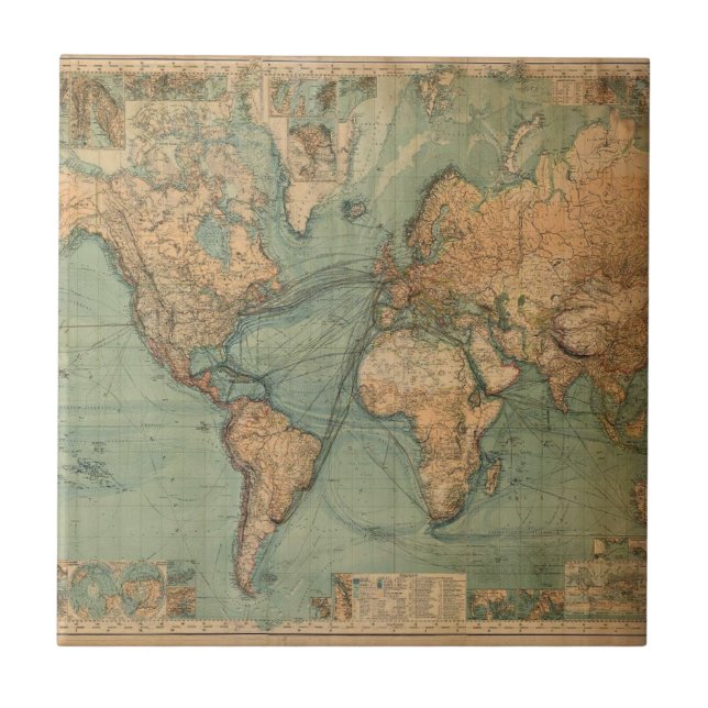 Vintage Old Antique World Map Tile (Front)