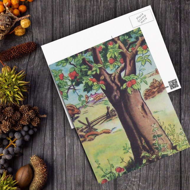 Vintage Old Apple Tree Meadow Field Postcard (Red apple tree in field with farm on postcard.)