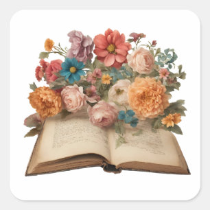 Vintage Old Book and Garden Flowers Square Sticker
