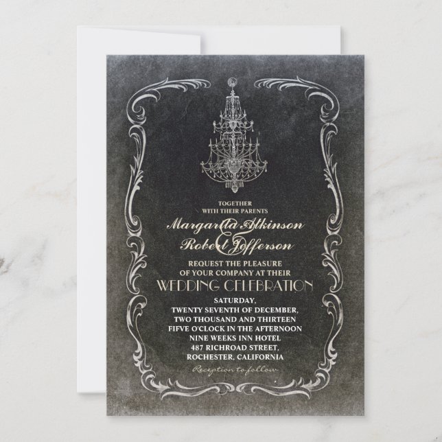 vintage old chandelier black wedding invitations (Front)