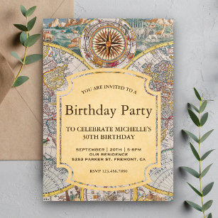 Vintage Old Compass World Map Birthday Party Invitation