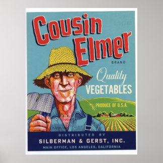 Vintage Old Cousin Elmer Vegetables Crate Labels Poster