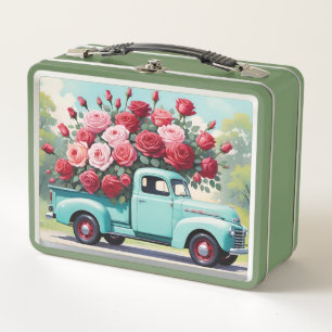 Vintage Old Farm Truck Filled With Roses Metal Lunch Box