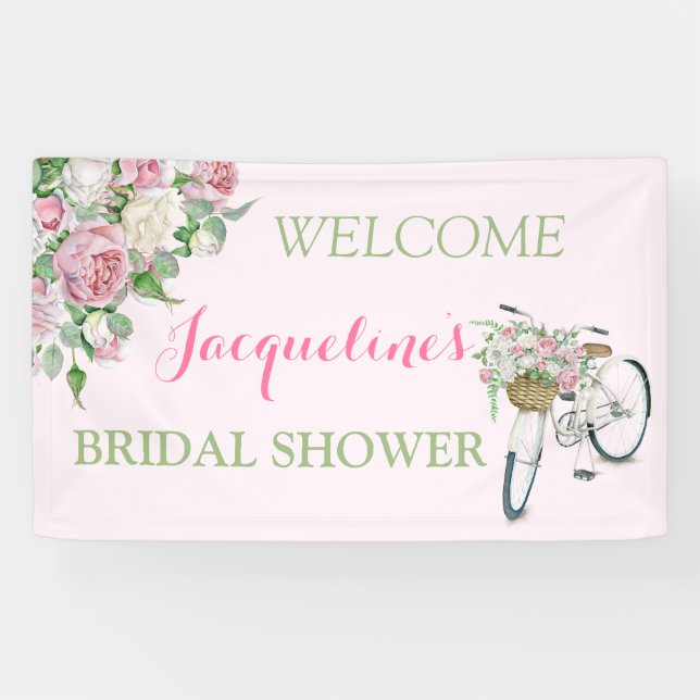 Vintage Old Fashioned Bicycle Basket Pink Roses Banner (Horizontal)