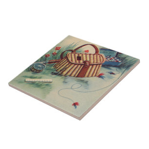 Vintage Old Fashioned Fly Fishing Sport Still Life Tile