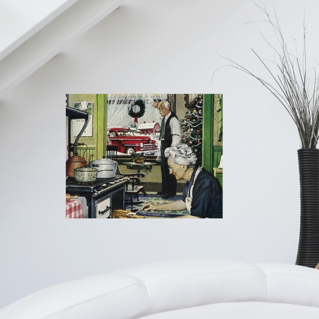 Vintage Old Fashioned Home Christmas Poster (Vintage holiday scene cooking turkey dinner at Grandparents house on a poster.)