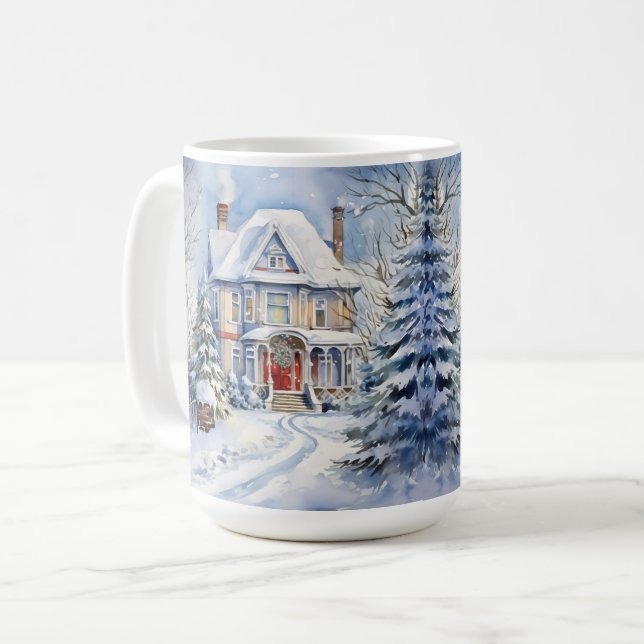 Vintage Old Fashioned House Christmas Scene Mug (Front Left)