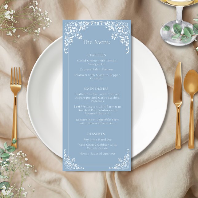 Vintage Old Money Dusty Blue Elegant Wedding Menu (Elegant dusty blue wedding dinner menu for romantic old money vintage romantic shabby chic events)