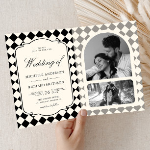 Vintage Old Money Ivory Black Chequered Wedding Invitation
